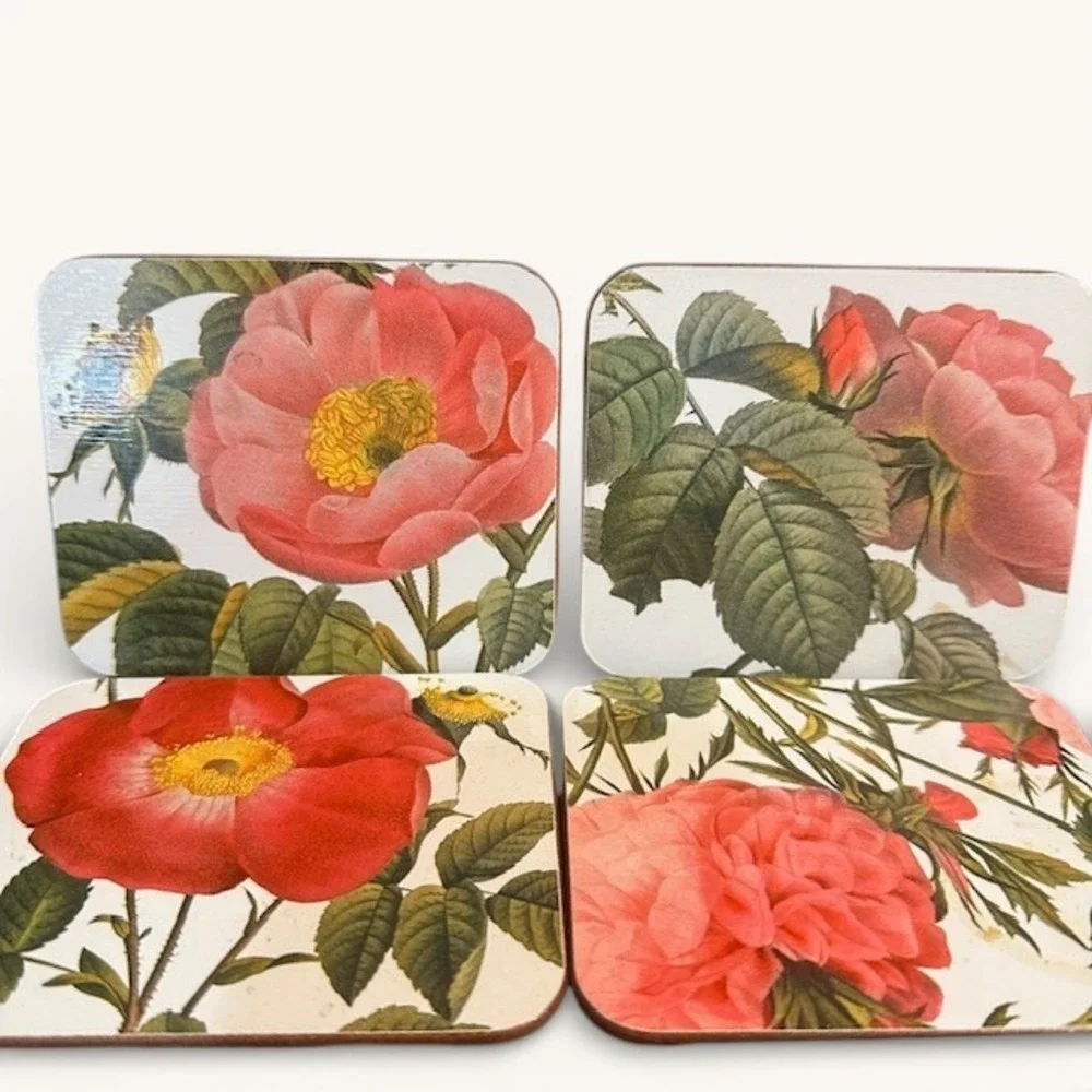 Set of 6 Vintage Botanical‎ Rose Coasters Floral Drinkware Table Protection
